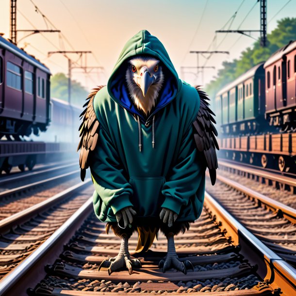 Image of a vulture in a hoodie on the railway tracks