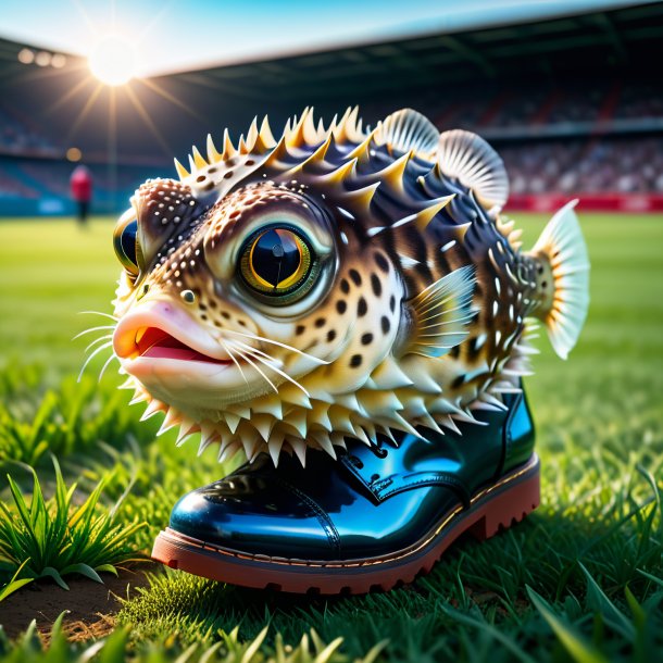 Pic of a pufferfish in a shoes on the field