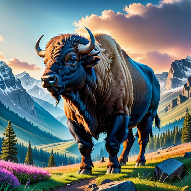 Image of a buffalo in a jeans in the mountains