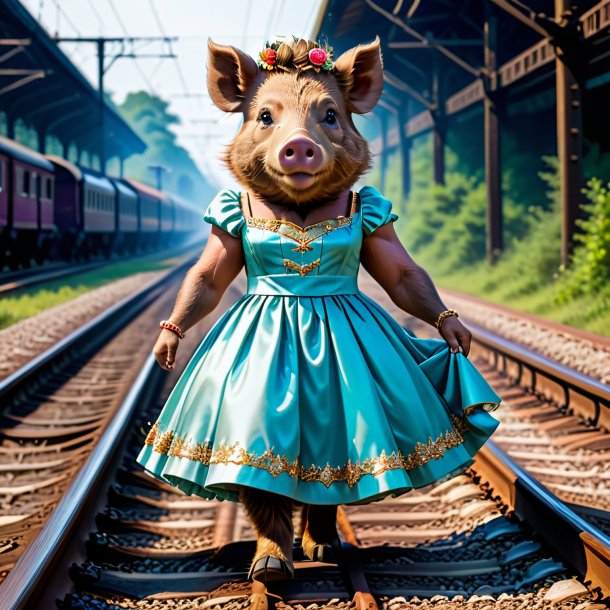 Image of a boar in a dress on the railway tracks