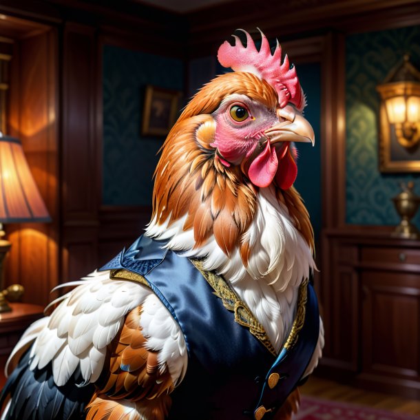 Illustration of a hen in a vest in the house