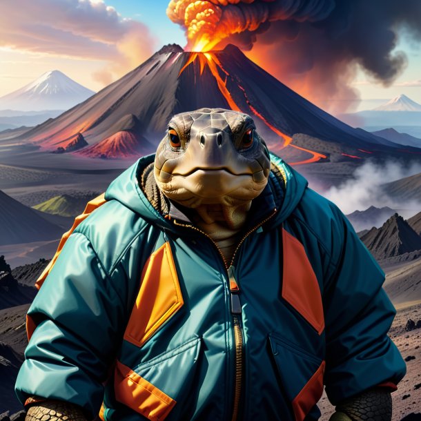 Drawing of a tortoise in a jacket in the volcano