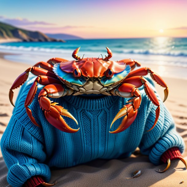 Dessin d'un crabe dans un pull sur la plage