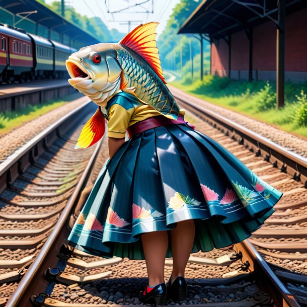 Drawing of a carp in a skirt on the railway tracks