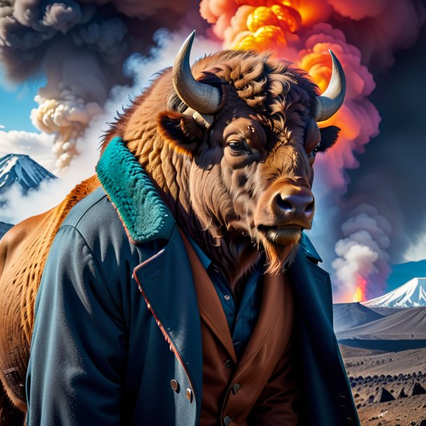 Pic of a bison in a coat in the volcano