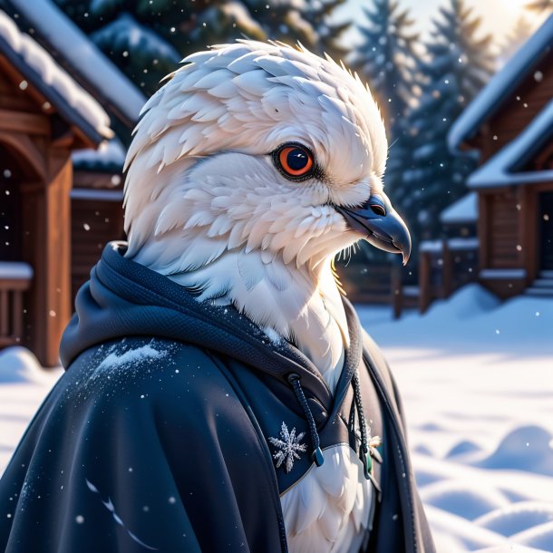 Picture of a dove in a hoodie in the snow