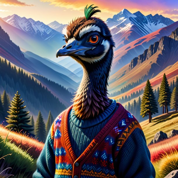 Ilustración de un emu en un suéter en las montañas