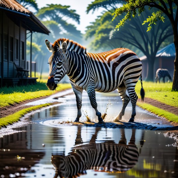 Foto de una comida de una cebra en el charco