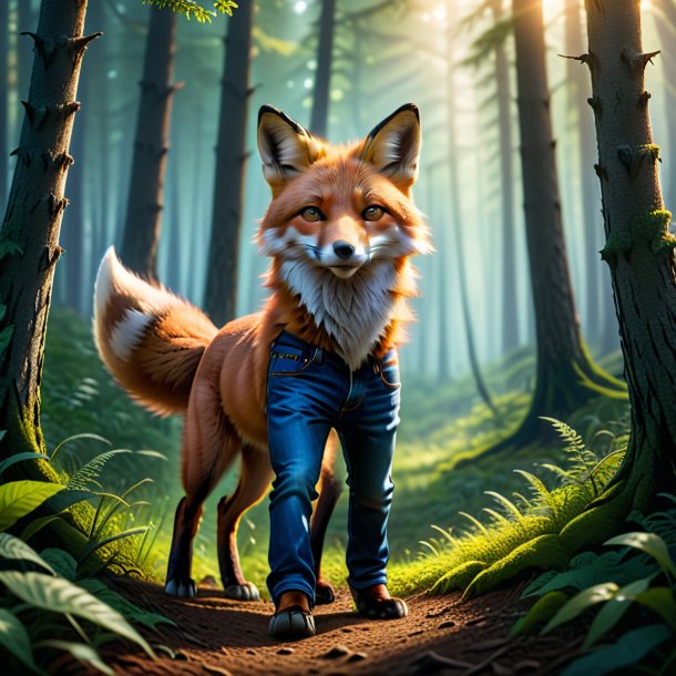 Photo of a fox in a jeans in the forest