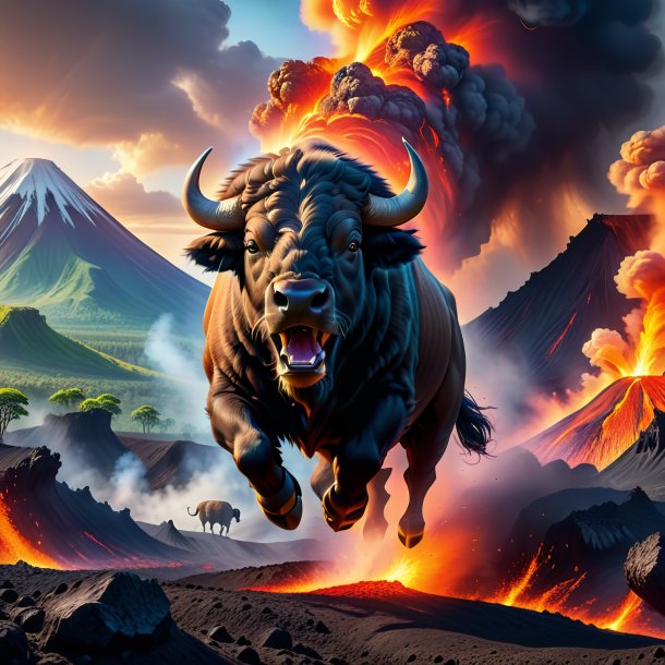 Photo of a jumping of a buffalo in the volcano