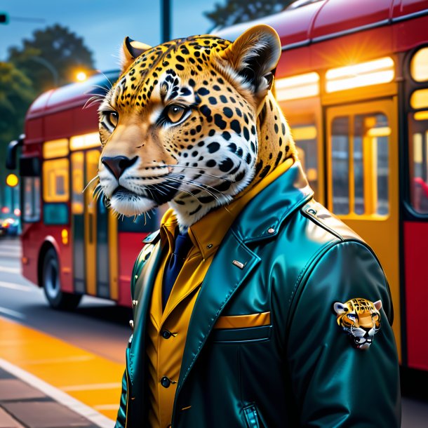 Foto de un jaguar en una chaqueta en la parada de autobús