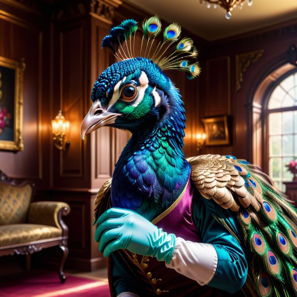 Image of a peacock in a gloves in the house