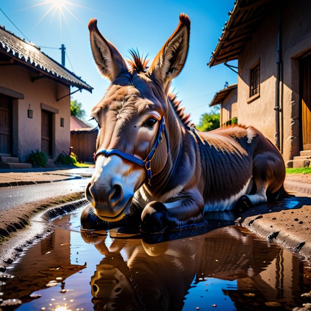 Pic of a resting of a donkey in the puddle