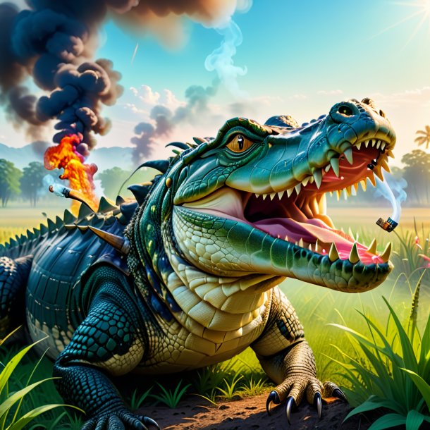 Image of a smoking of a crocodile in the meadow