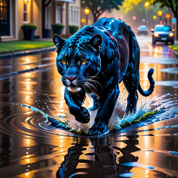 Picture of a playing of a panther in the puddle