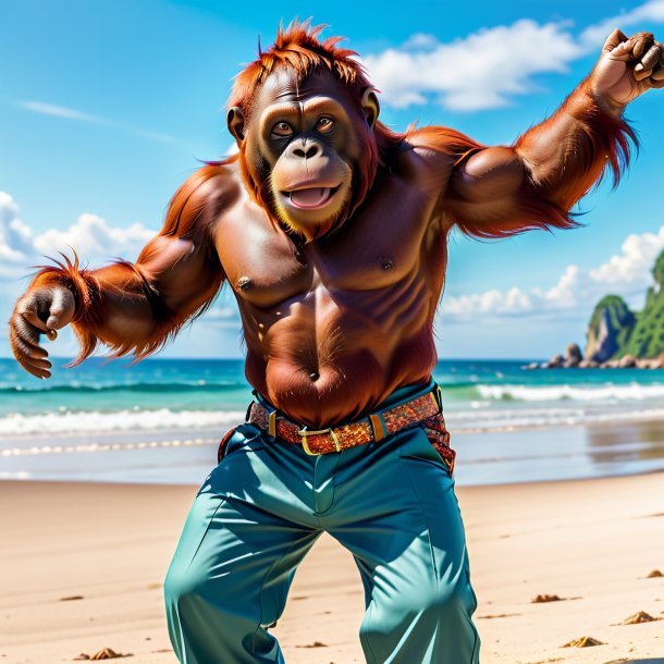 Picture of a orangutan in a trousers on the beach