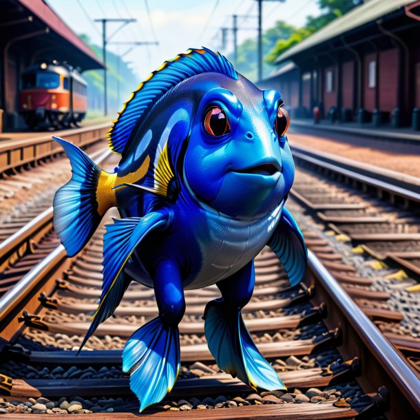 Drawing of a blue tang in a vest on the railway tracks