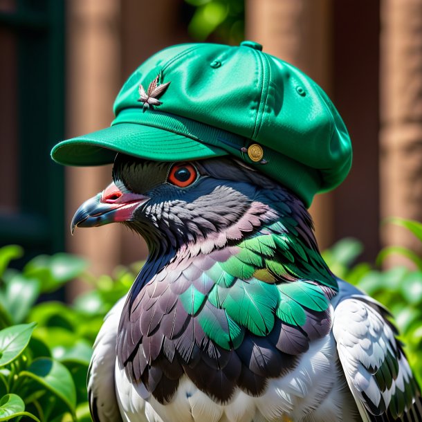 Foto de una paloma en una gorra verde