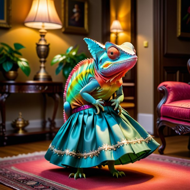 Photo of a chameleon in a skirt in the house