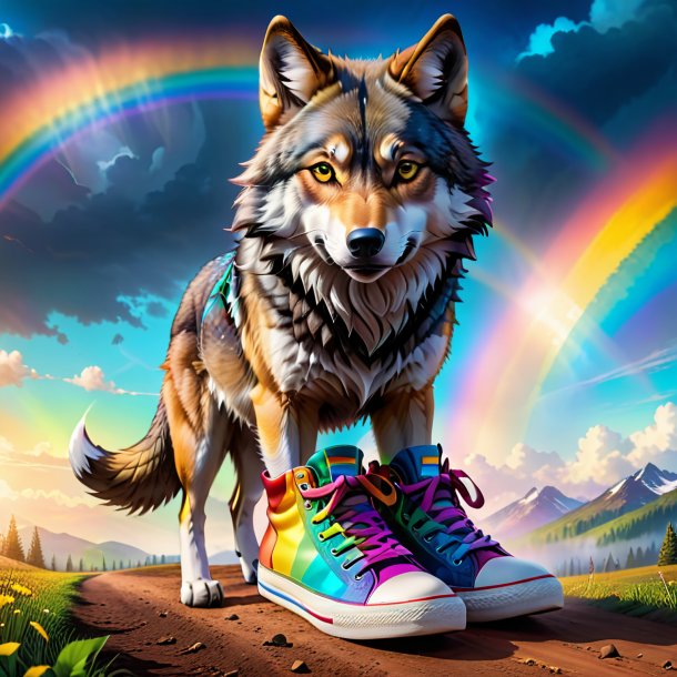 Picture of a wolf in a shoes on the rainbow