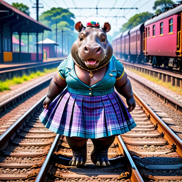 Pic of a hippopotamus in a skirt on the railway tracks