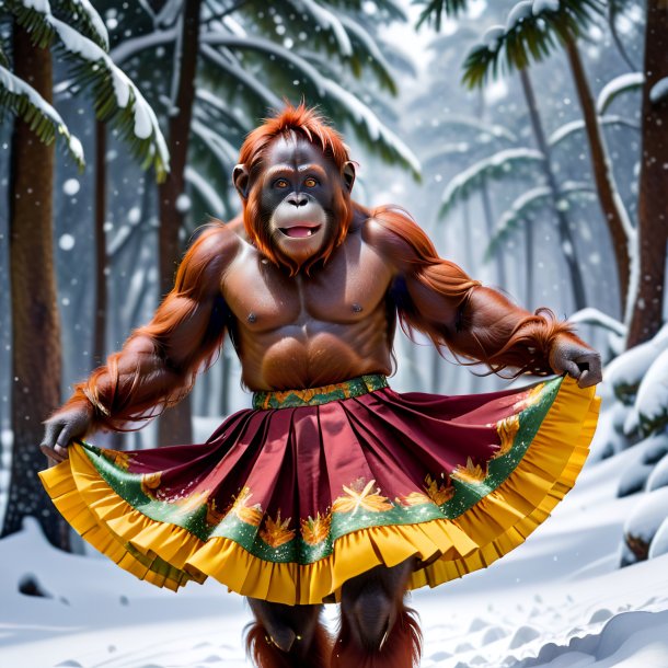 Image of a orangutan in a skirt in the snow