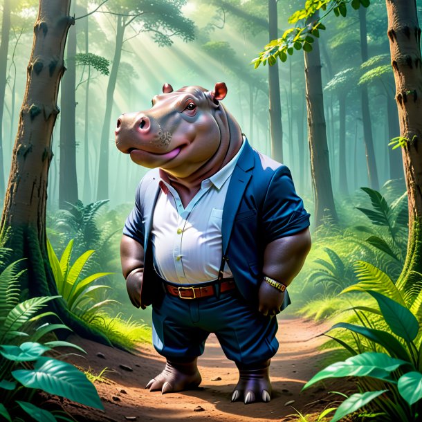 Pic of a hippopotamus in a trousers in the forest