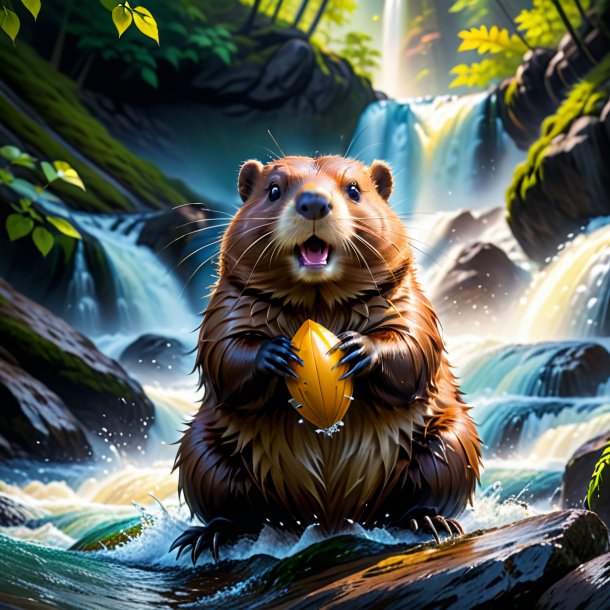 Photo of a playing of a beaver in the waterfall