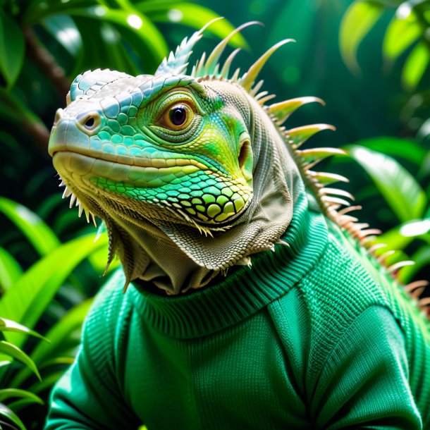 Photo of a iguana in a green sweater