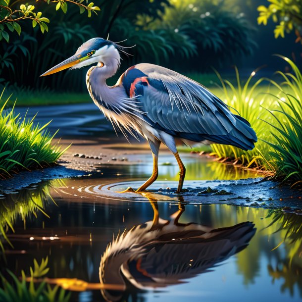 Illustration of a heron in a belt in the puddle