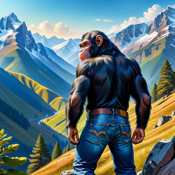 Drawing of a chimpanzee in a jeans in the mountains