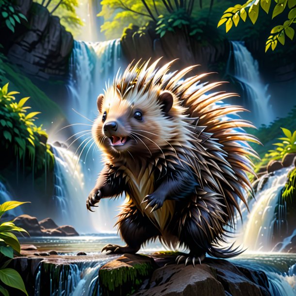 Pic of a dancing of a porcupine in the waterfall