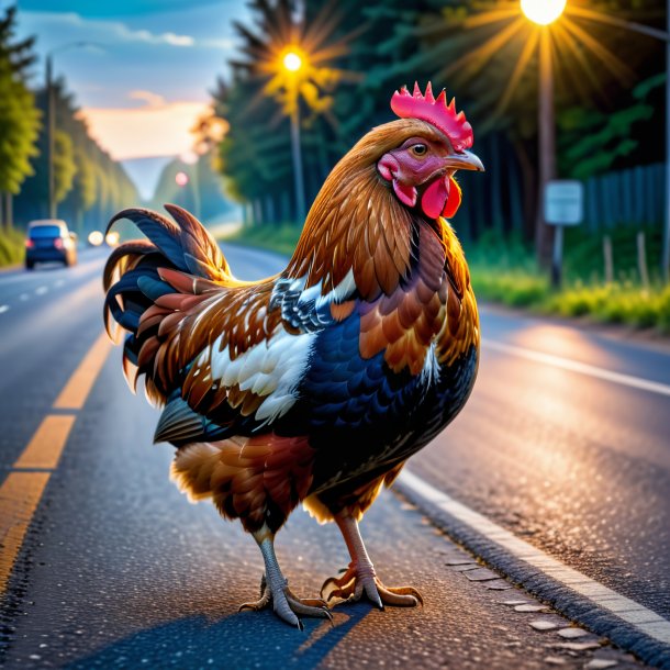 Foto de una gallina en un chaleco en el camino