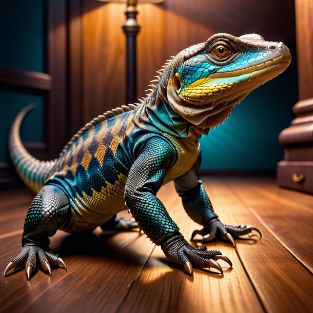 Photo of a monitor lizard in a brown shoes