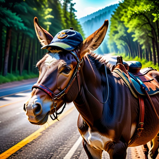 Photo of a mule in a cap on the road