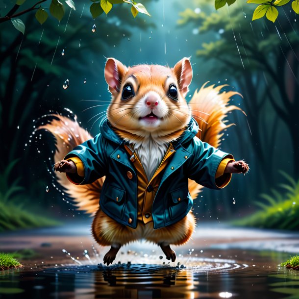 Illustration of a flying squirrel in a coat in the puddle