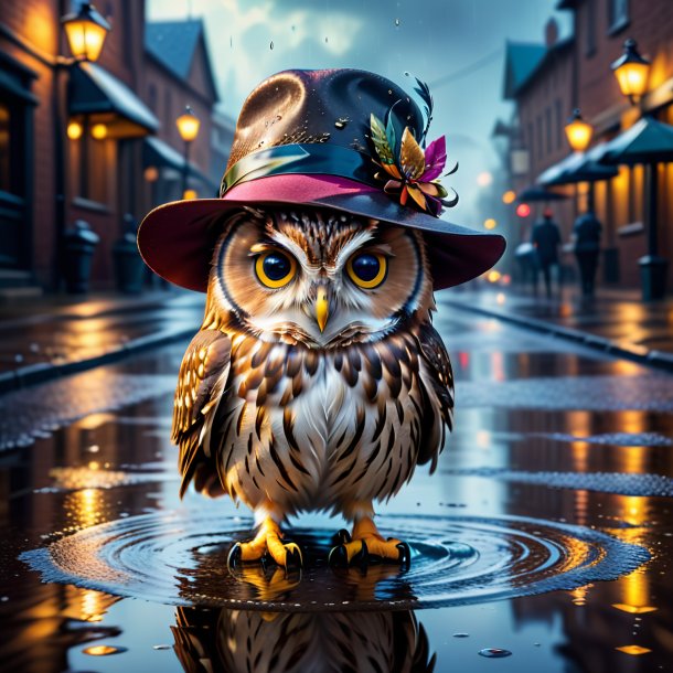 Image of a owl in a hat in the puddle