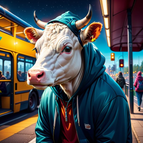 Illustration of a cow in a hoodie on the bus stop