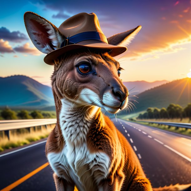 Picture of a kangaroo in a hat on the highway