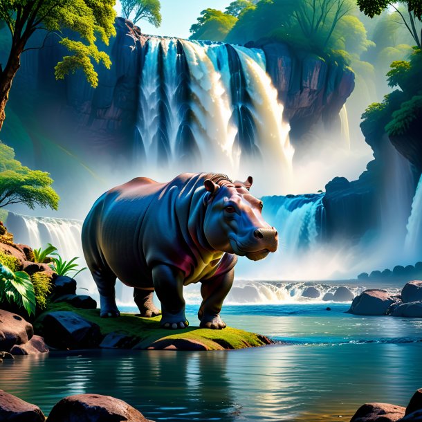 Photo of a waiting of a hippopotamus in the waterfall