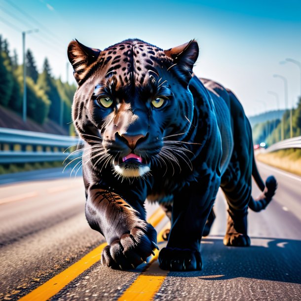 Foto de una pantera en guantes en la carretera