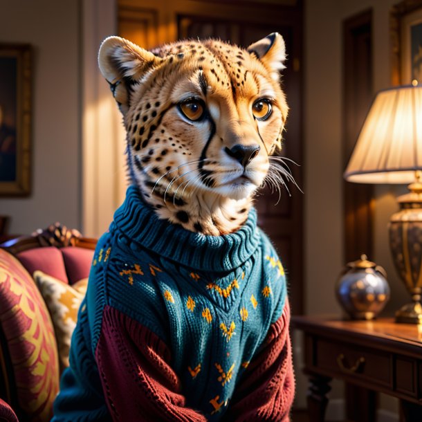 Pic of a cheetah in a sweater in the house