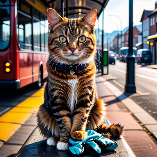 Photo d'un chat dans un gants sur l'arrêt de bus