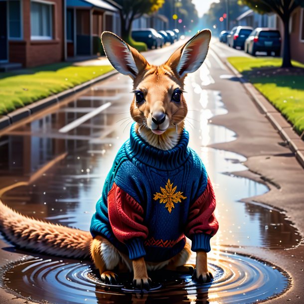 Drawing of a kangaroo in a sweater in the puddle