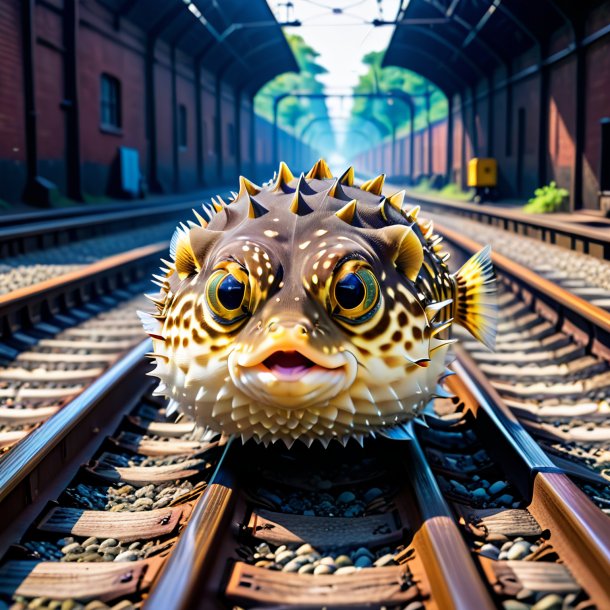 Pic of a swimming of a pufferfish on the railway tracks