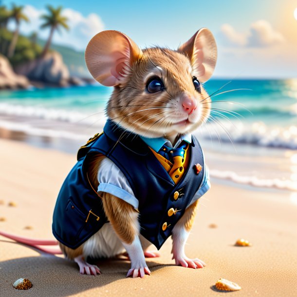 Photo d'une souris dans un gilet sur la plage