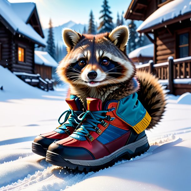 Foto de un mapache en los zapatos en la nieve