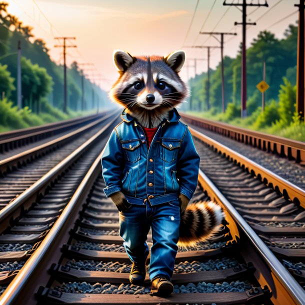 Foto de un mapache en jeans en las vías del tren