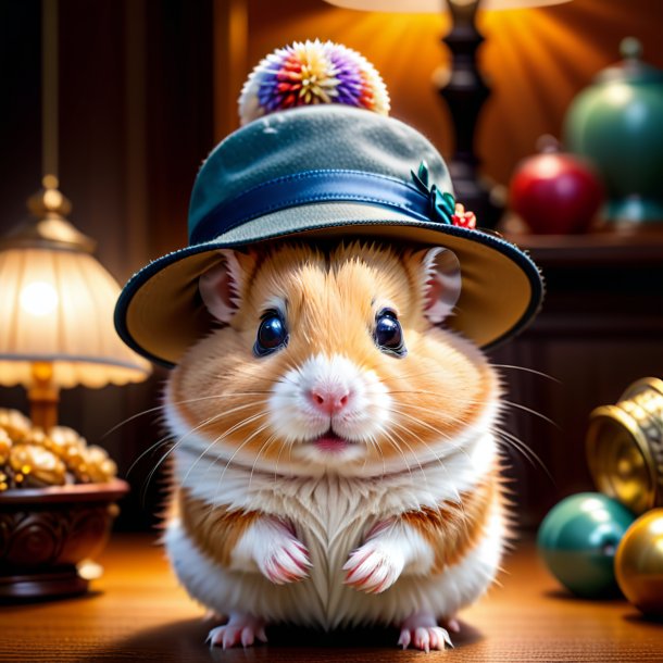 Pic d'un hamster dans un chapeau dans la maison