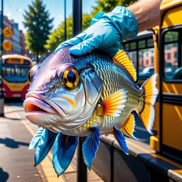 Pic d'un poisson dans un gants sur l'arrêt de bus